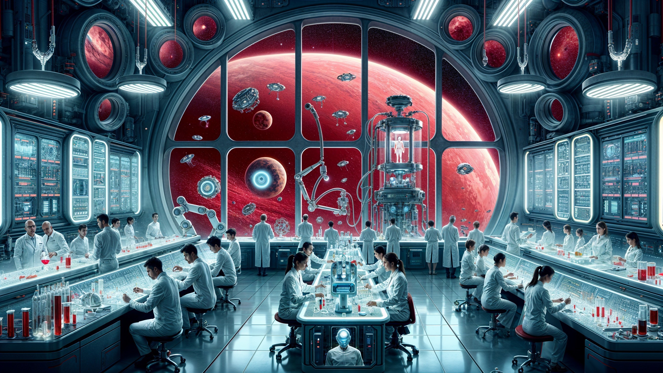 Futuristic Laboratory with Scientists and Space View