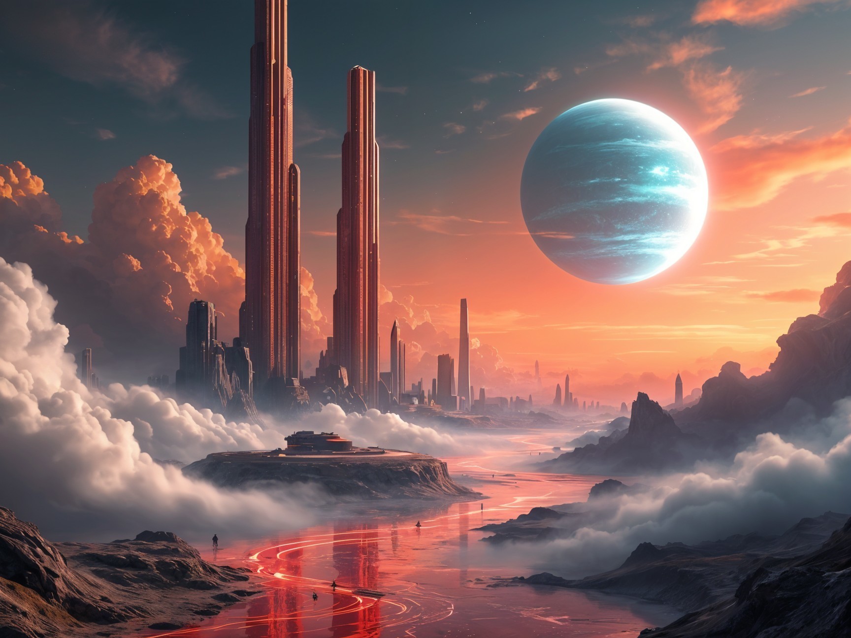 Alien Landscape with Metallic Skyscrapers and River