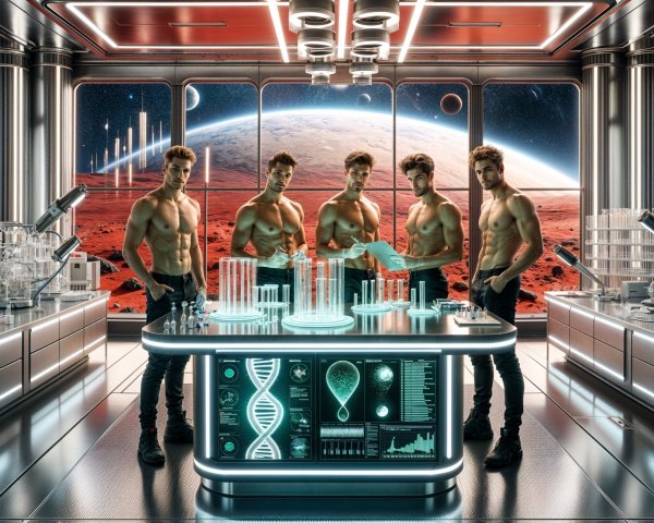 Futuristic Mars Laboratory with Muscular Figures and Tech