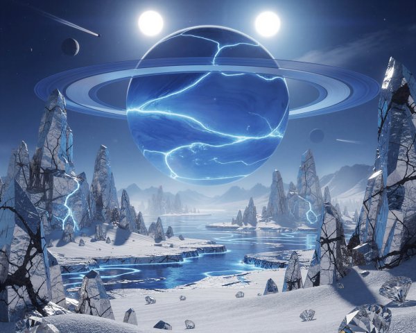 Blue Planet with Rings and Two Moons in Dark Sky