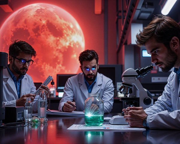 Futuristic Lab Scene with Scientists and Red Moon