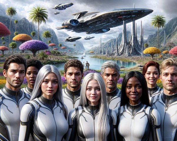 Diverse Group in Futuristic Suits in Alien Landscape