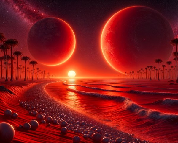 Surreal Alien Landscape with Red Beach and Planets