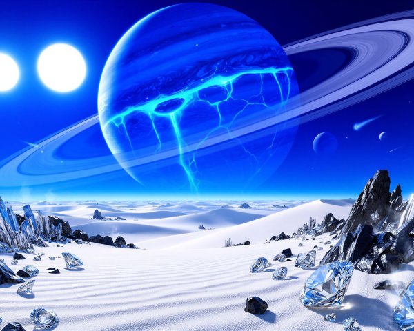 Vibrant Alien Landscape with Blue Planet and Suns