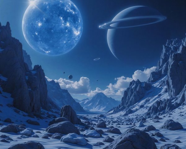 Fantasy Night Landscape with Planets and Snowy Valley