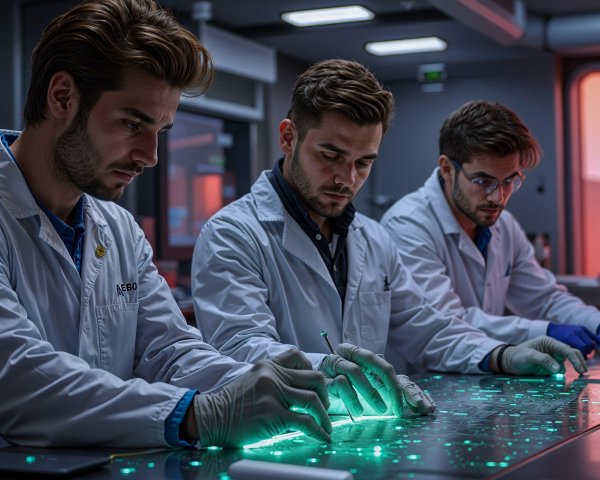 Scientists in Lab Coats at Futuristic Laboratory Table