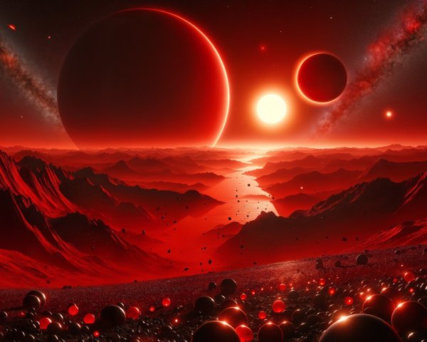 Surreal Alien Landscape with Red Hues and Cosmic Elements