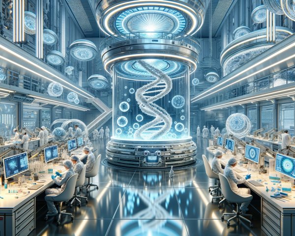 Futuristic laboratory with advanced technology and DNA models
