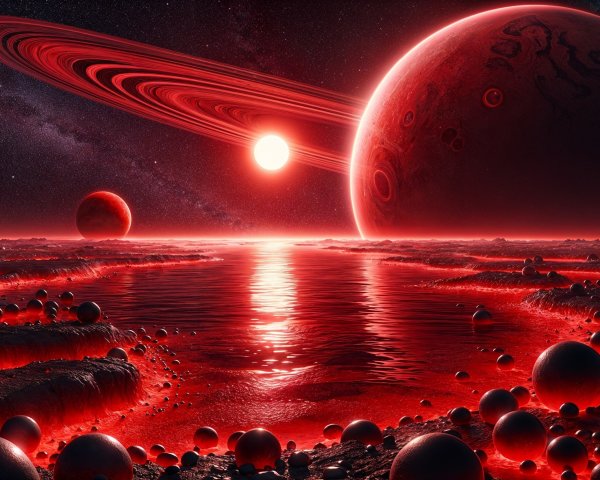 Surreal Alien Landscape with Red Water and Planets