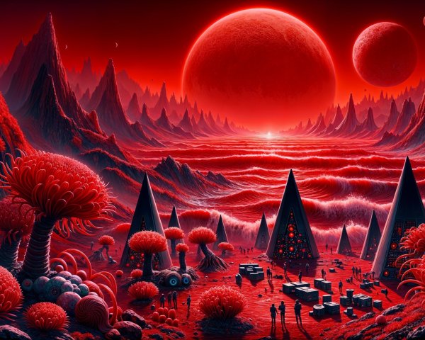 Surreal Landscape with Red Hues and Alien Flora