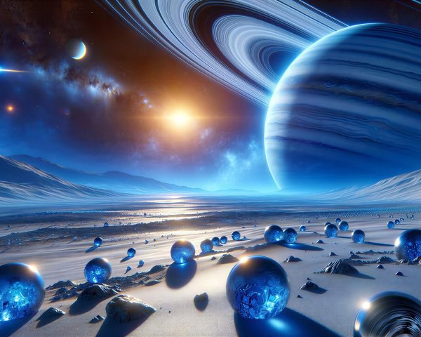 Giant Ringed Blue Planet in a Stunning Space Landscape