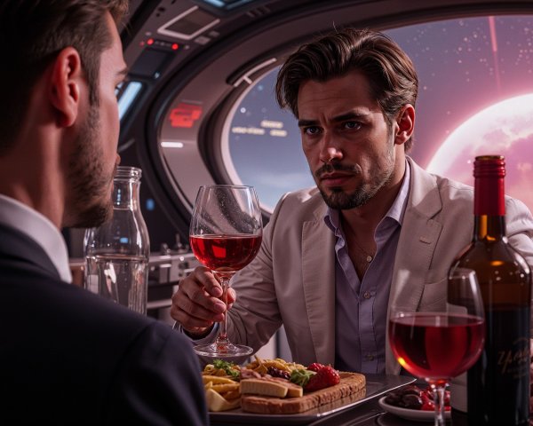 Elegant Dinner on a Spaceship with Moonlit View