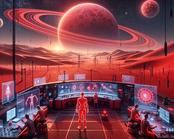 Futuristic Control Room Overlooking Alien Desert Landscape
