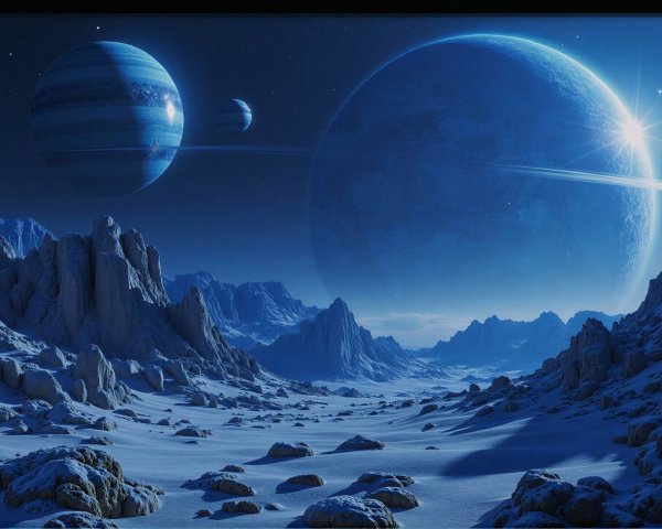 Alien Exoplanet Landscape in Twilight with Snow and Ice