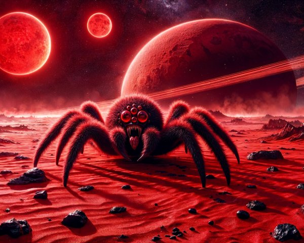 Surreal Landscape with Giant Spider Creature and Planets