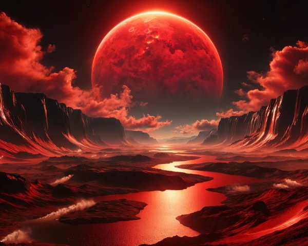 Dramatic Landscape with Red Cliffs and Fiery Moon