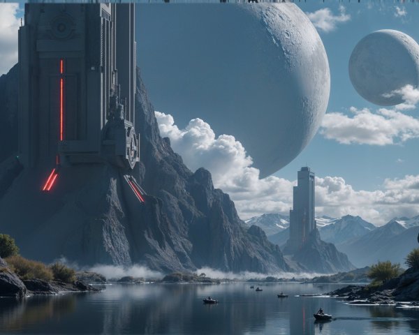 Surreal Landscape with Futuristic Structures and Moons