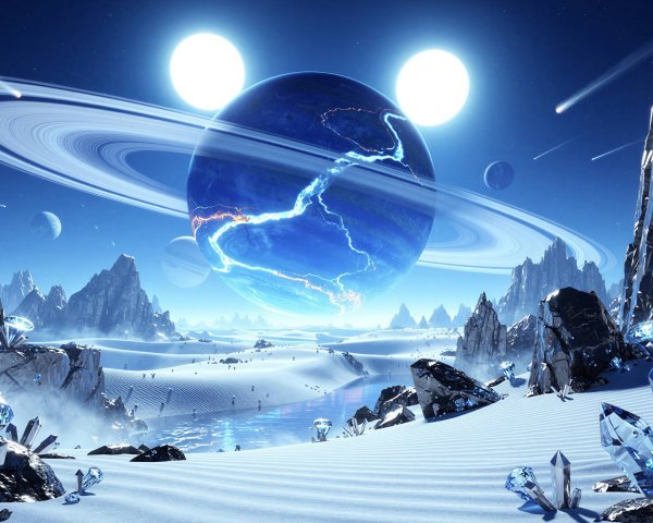 Alien World with Ringed Planet and Bright Suns