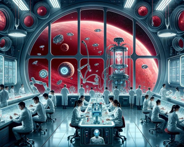 Futuristic Laboratory with Scientists and Space View