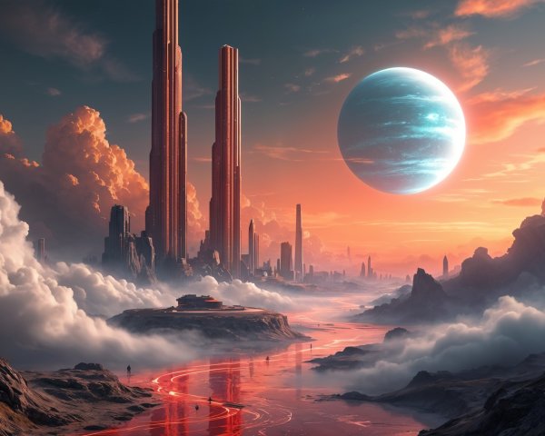 Alien Landscape with Metallic Skyscrapers and River