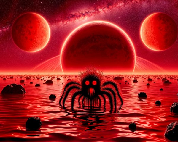 Surreal Landscape with Octopus Creature and Red Sea
