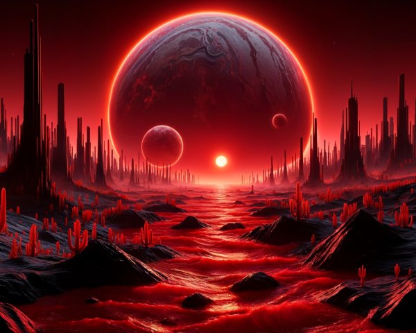 Surreal Extraterrestrial Landscape Under Red Sky
