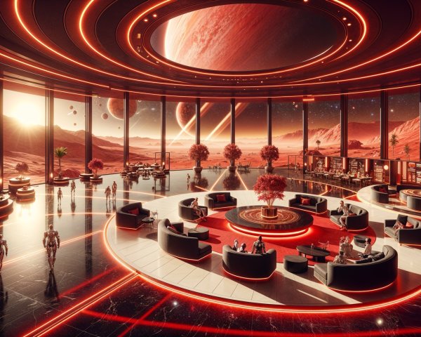 Futuristic lounge with circular seating and alien views