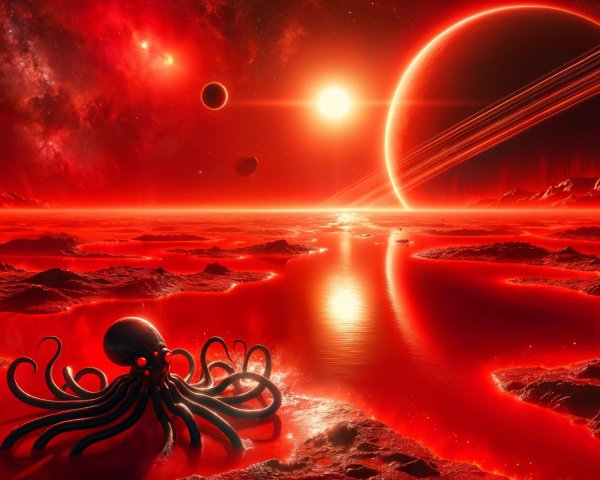Surreal Scene on Crimson Alien Planet with Octopus
