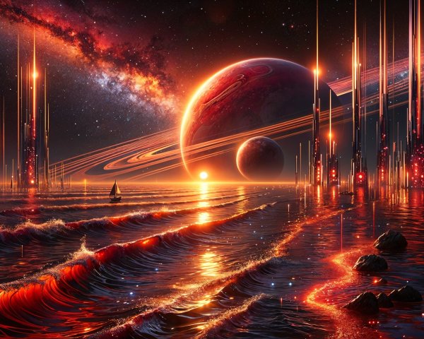 Vibrant Cosmic Landscape with Sunset and Planets