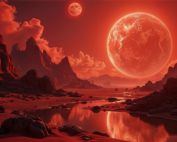 Alien Landscape with Jagged Mountains and Celestial Bodies