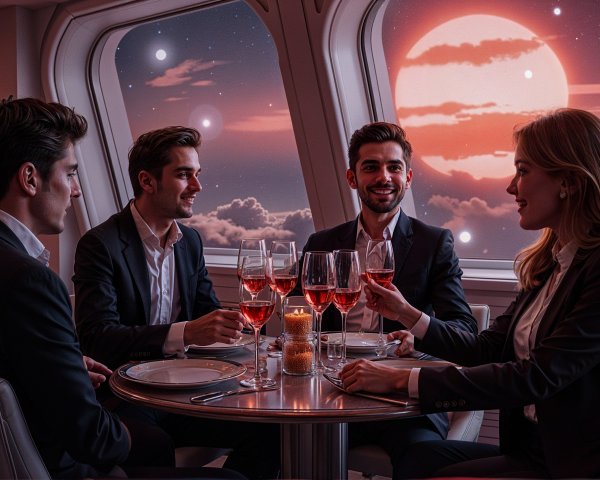 Elegant Dining with Cosmic View and Sparkling Drinks