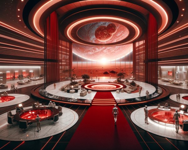 Futuristic Interior with Circular Designs and Planet View