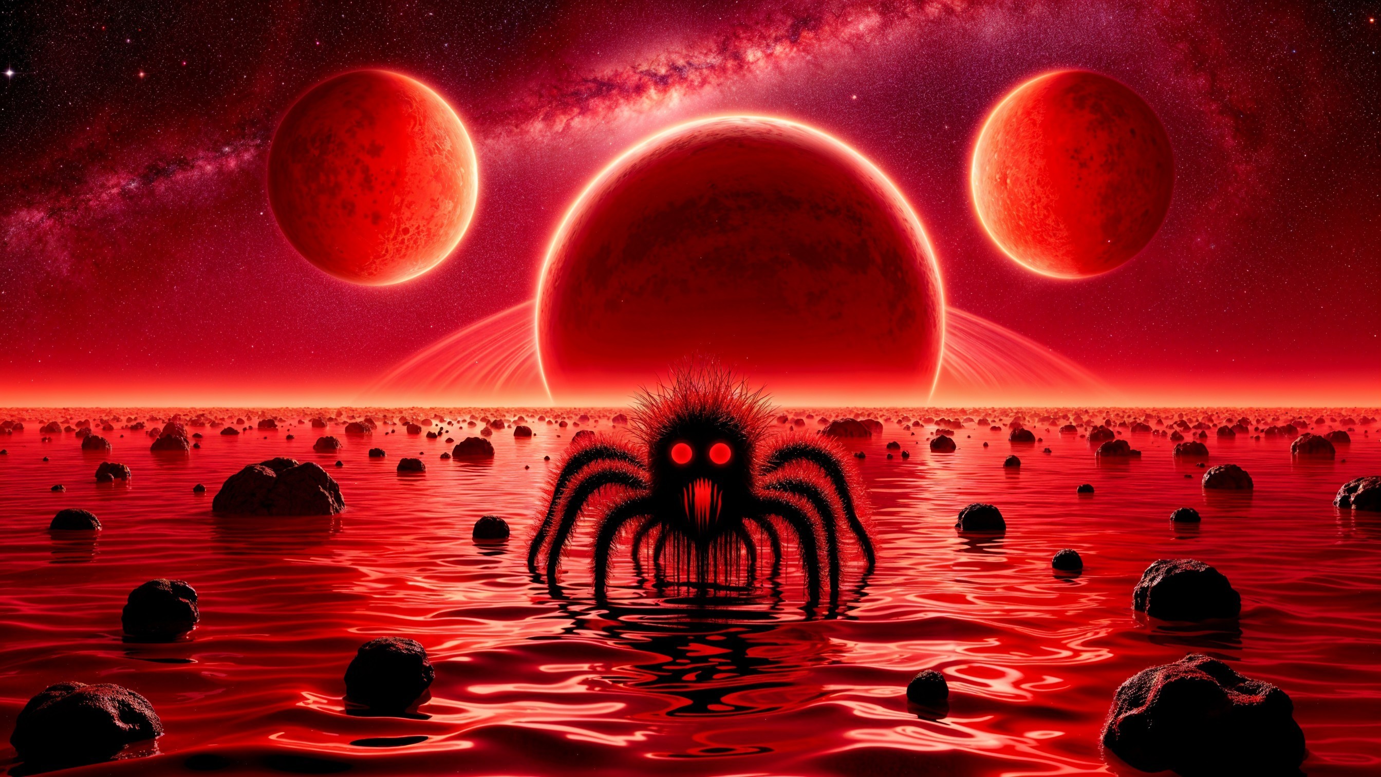 Surreal Landscape with Octopus Creature and Red Sea