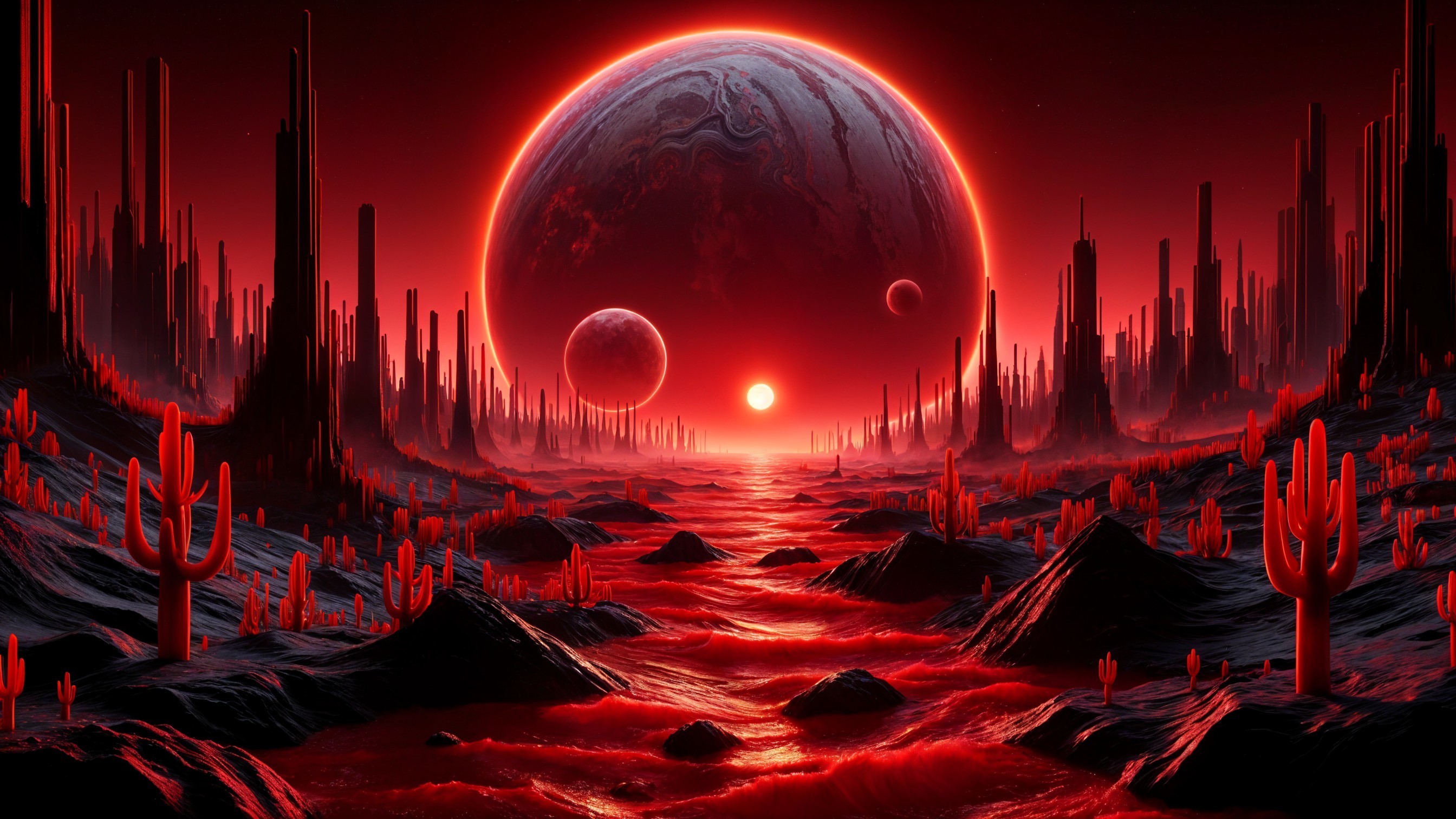 Surreal Extraterrestrial Landscape Under Red Sky