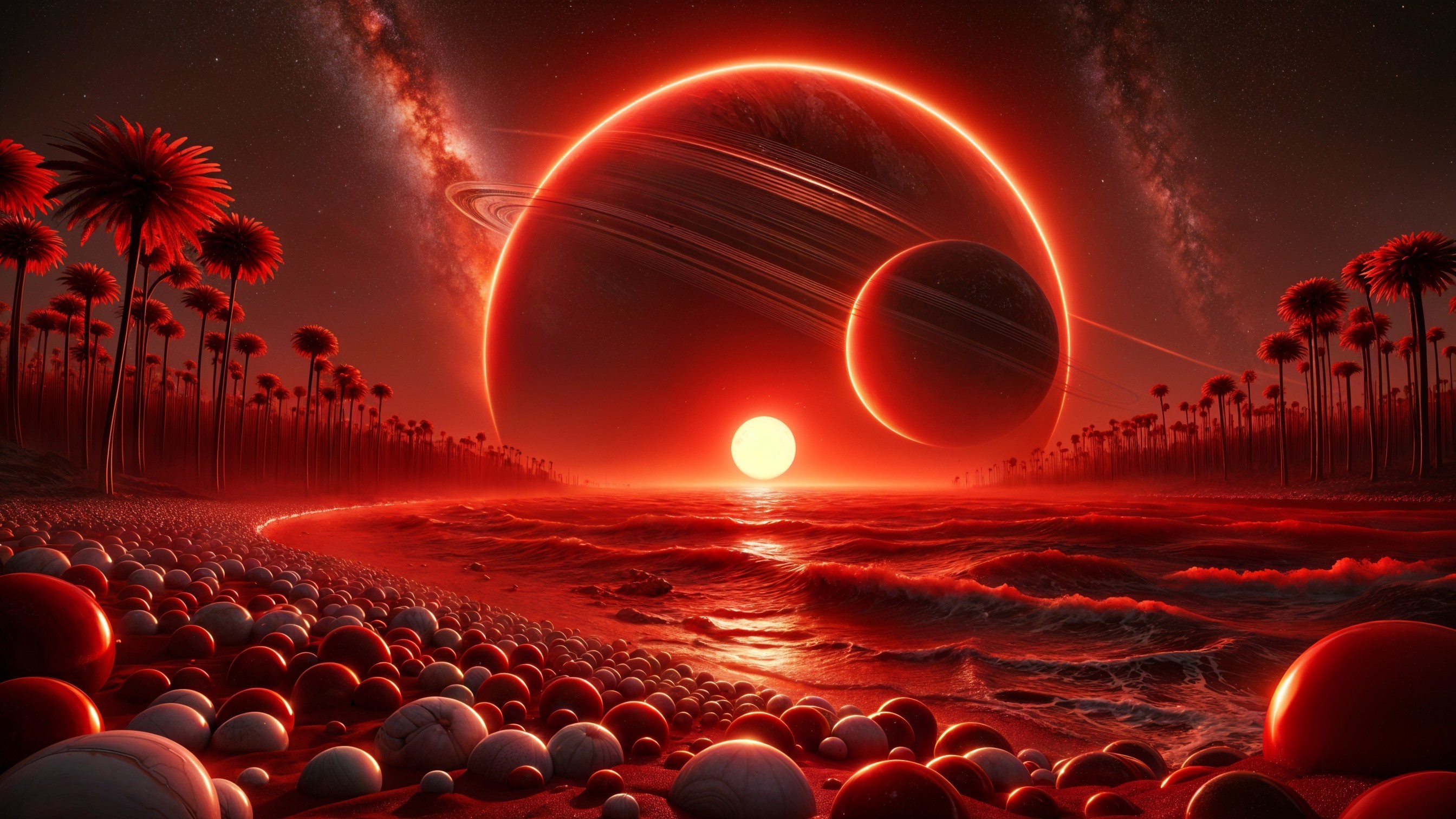 Surreal Red Landscape with Alien Shoreline and Planets