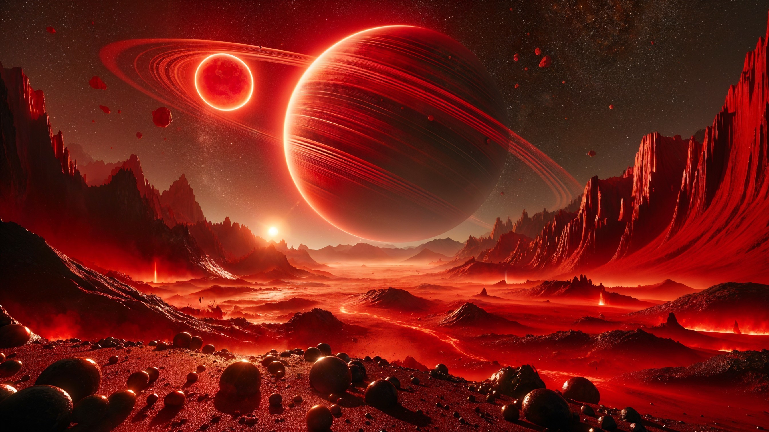 Alien Landscape with Red Hues and Towering Mountains