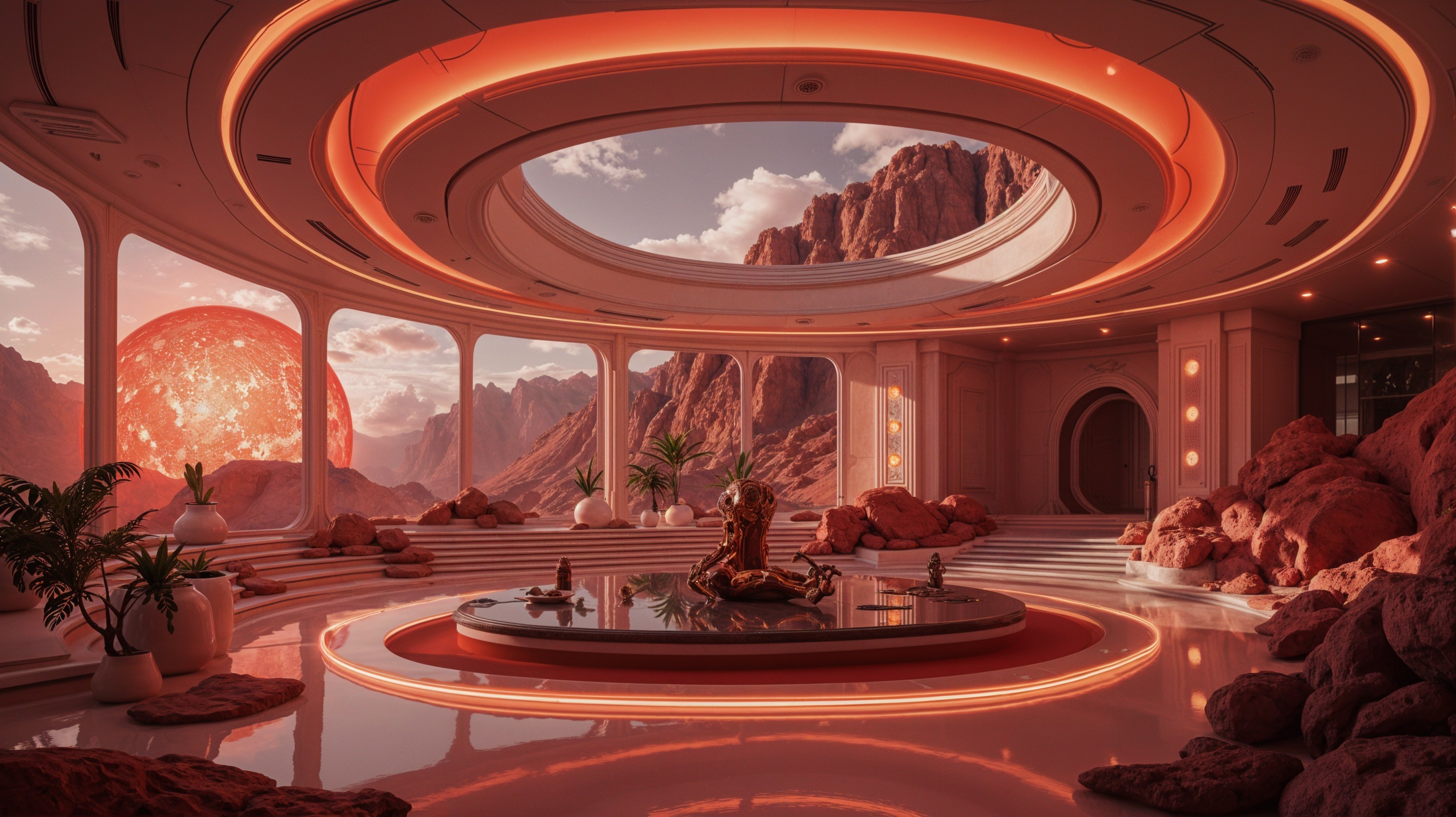 Futuristic Interior with Meditating Statue and Scenic View