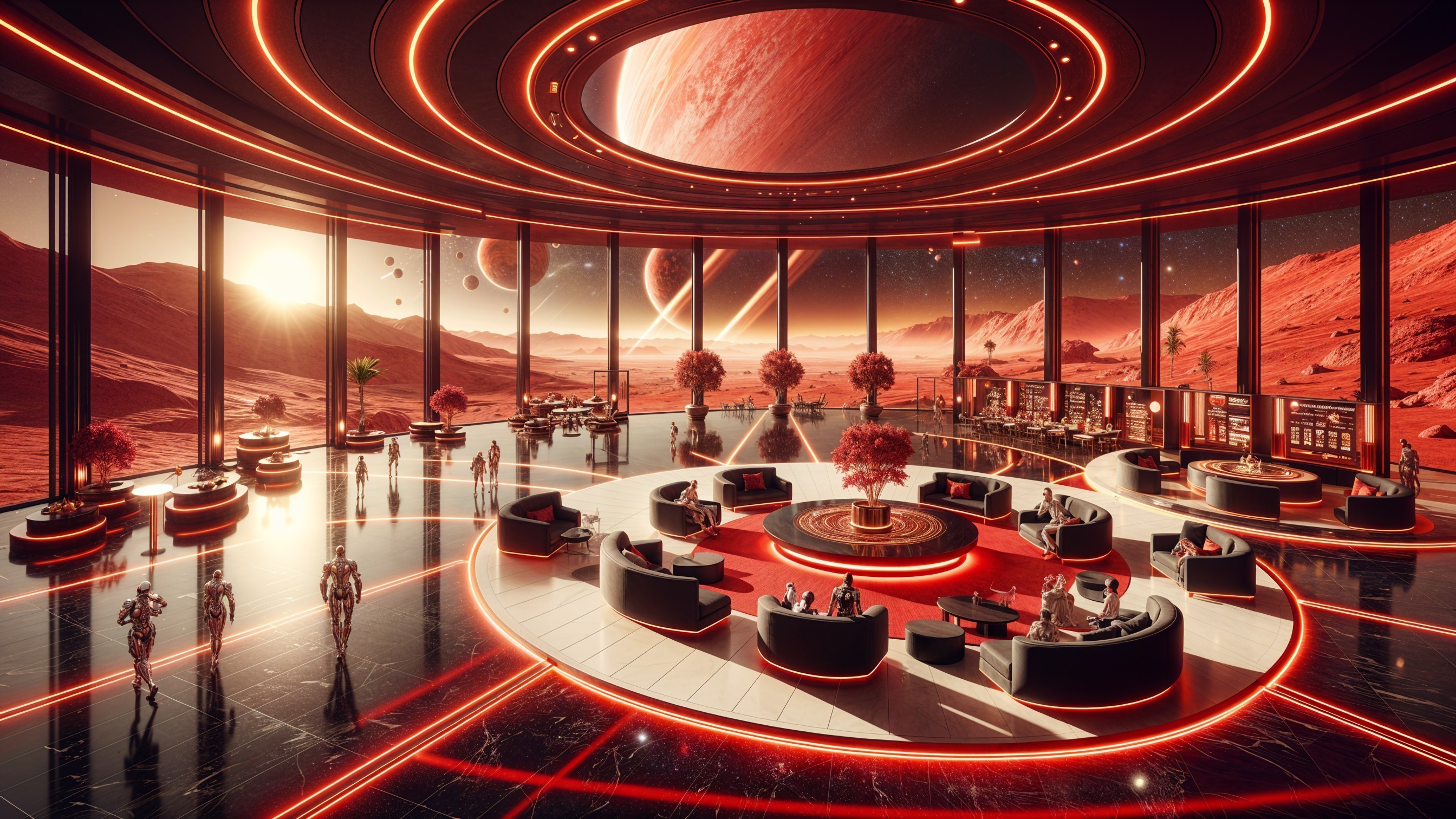 Futuristic lounge with circular seating and alien views