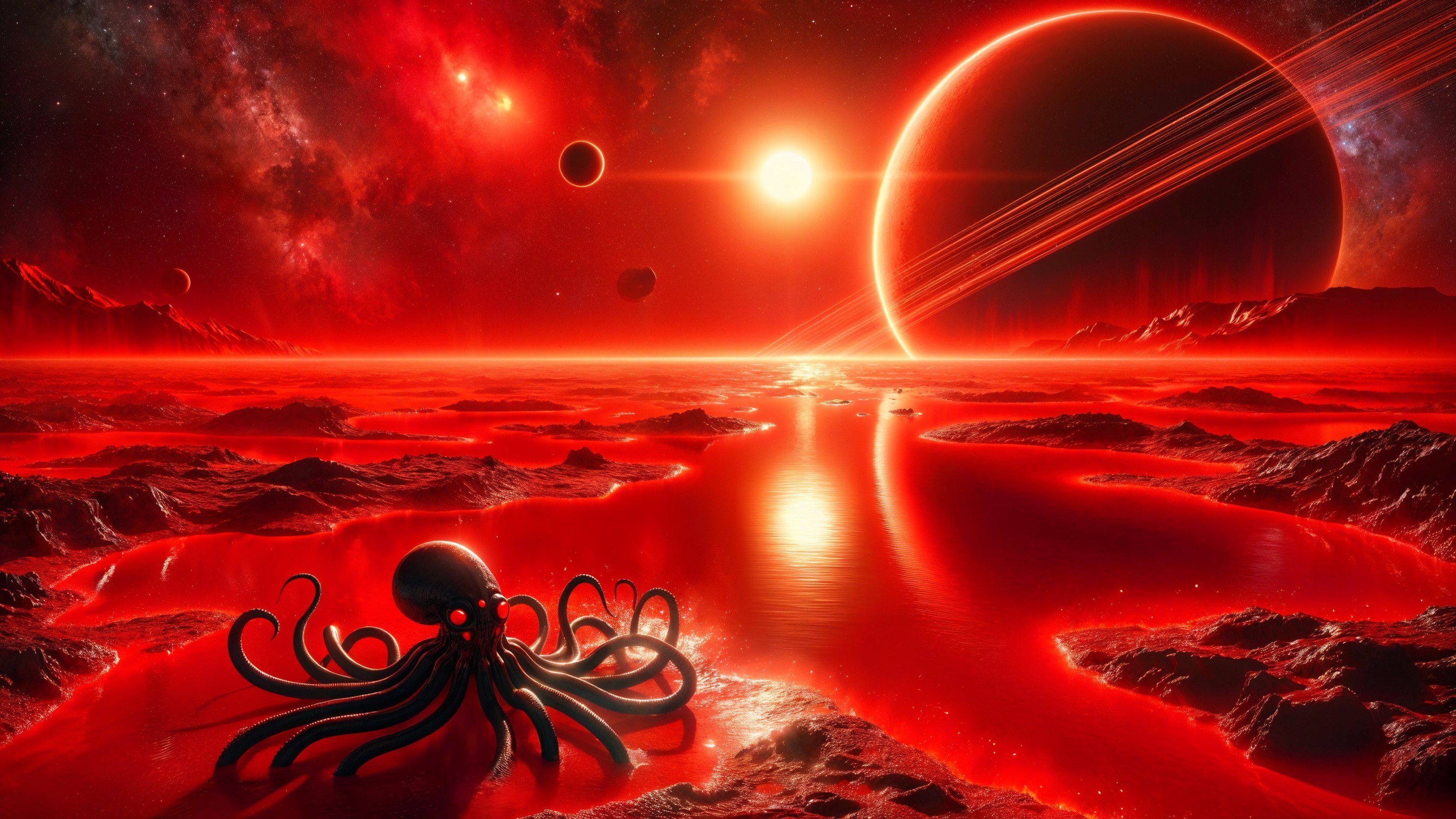 Surreal Scene on Crimson Alien Planet with Octopus