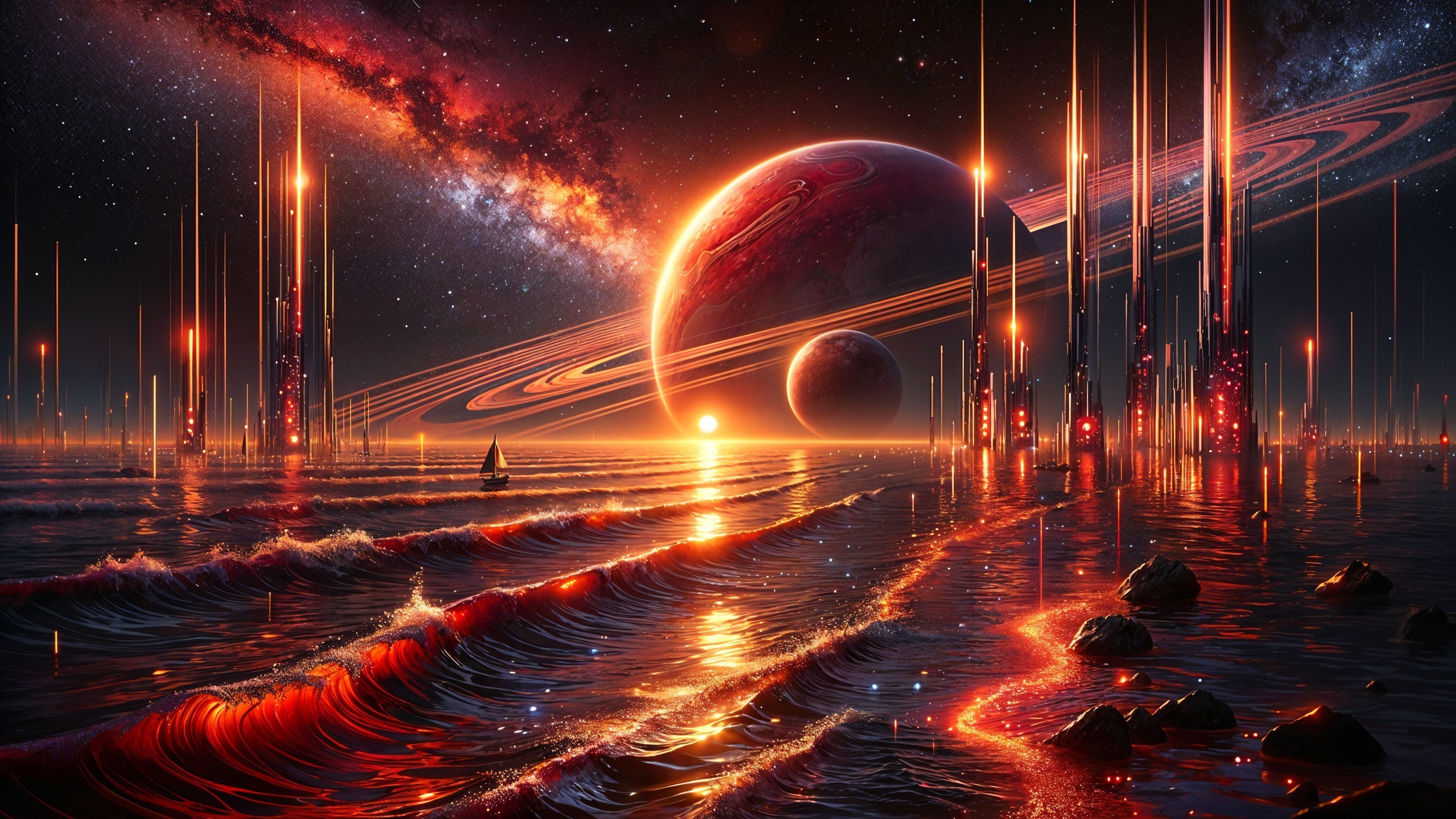 Vibrant Cosmic Landscape with Sunset and Planets