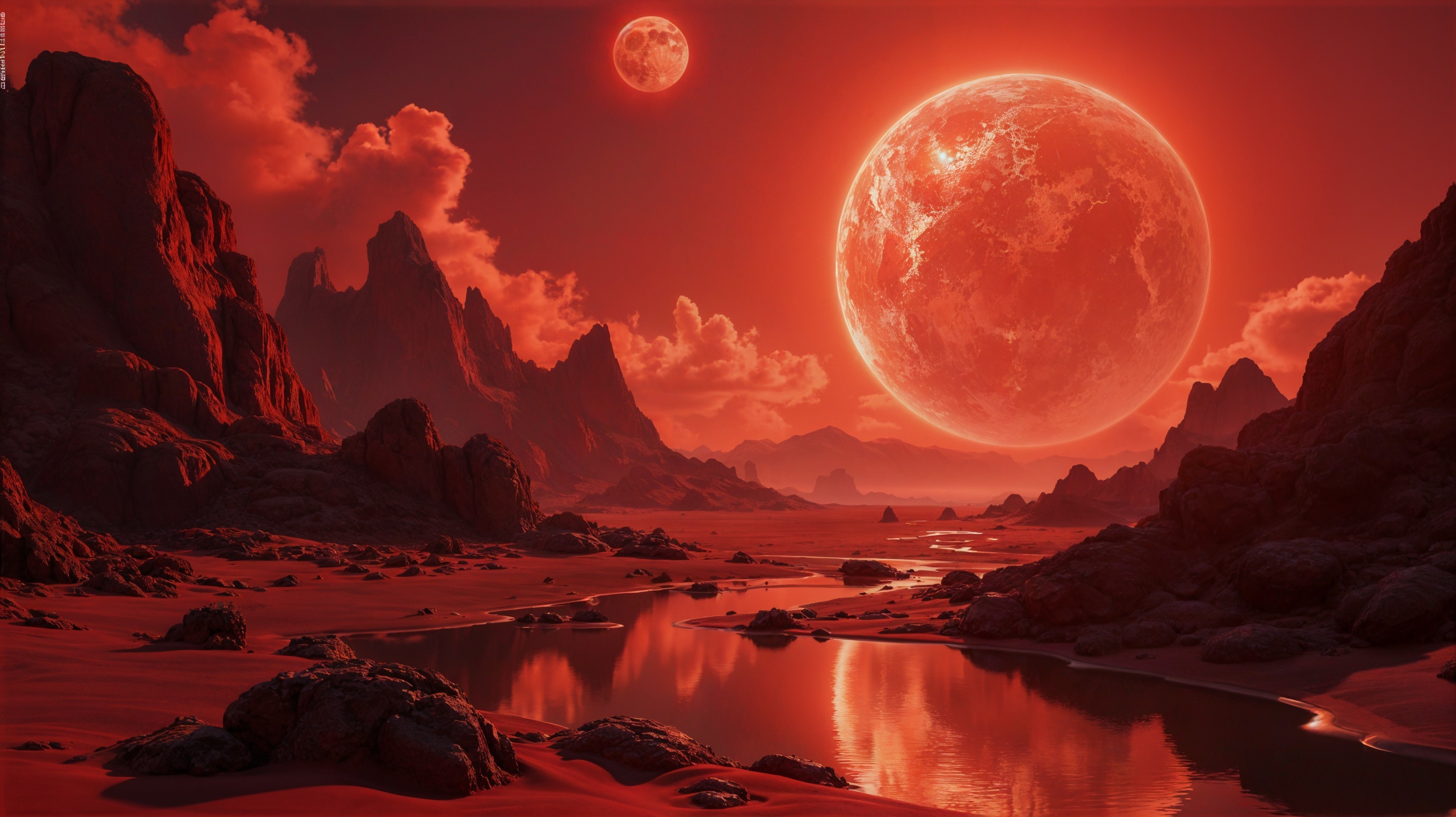 Alien Landscape with Jagged Mountains and Celestial Bodies