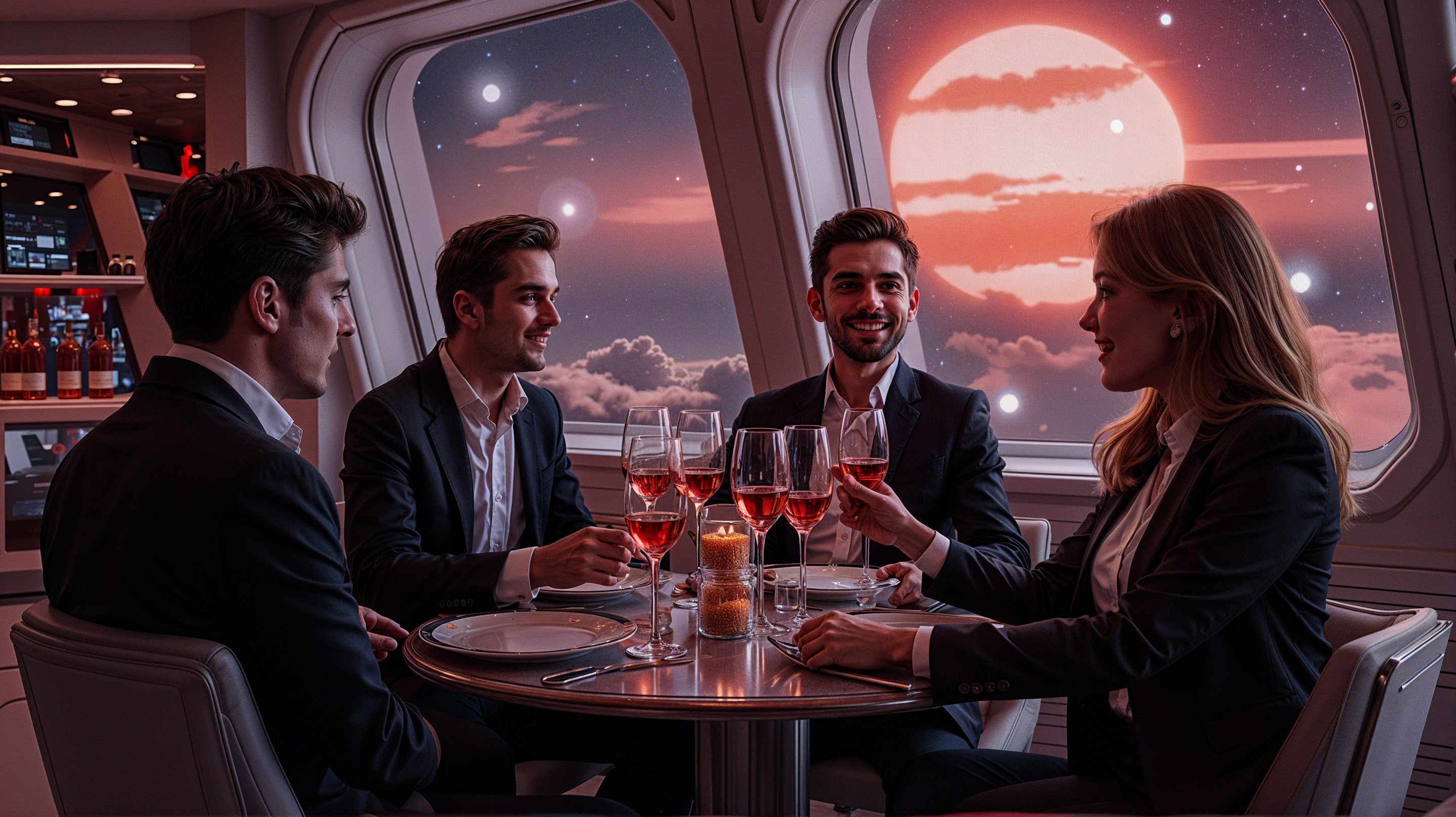 Elegant Dining with Cosmic View and Sparkling Drinks