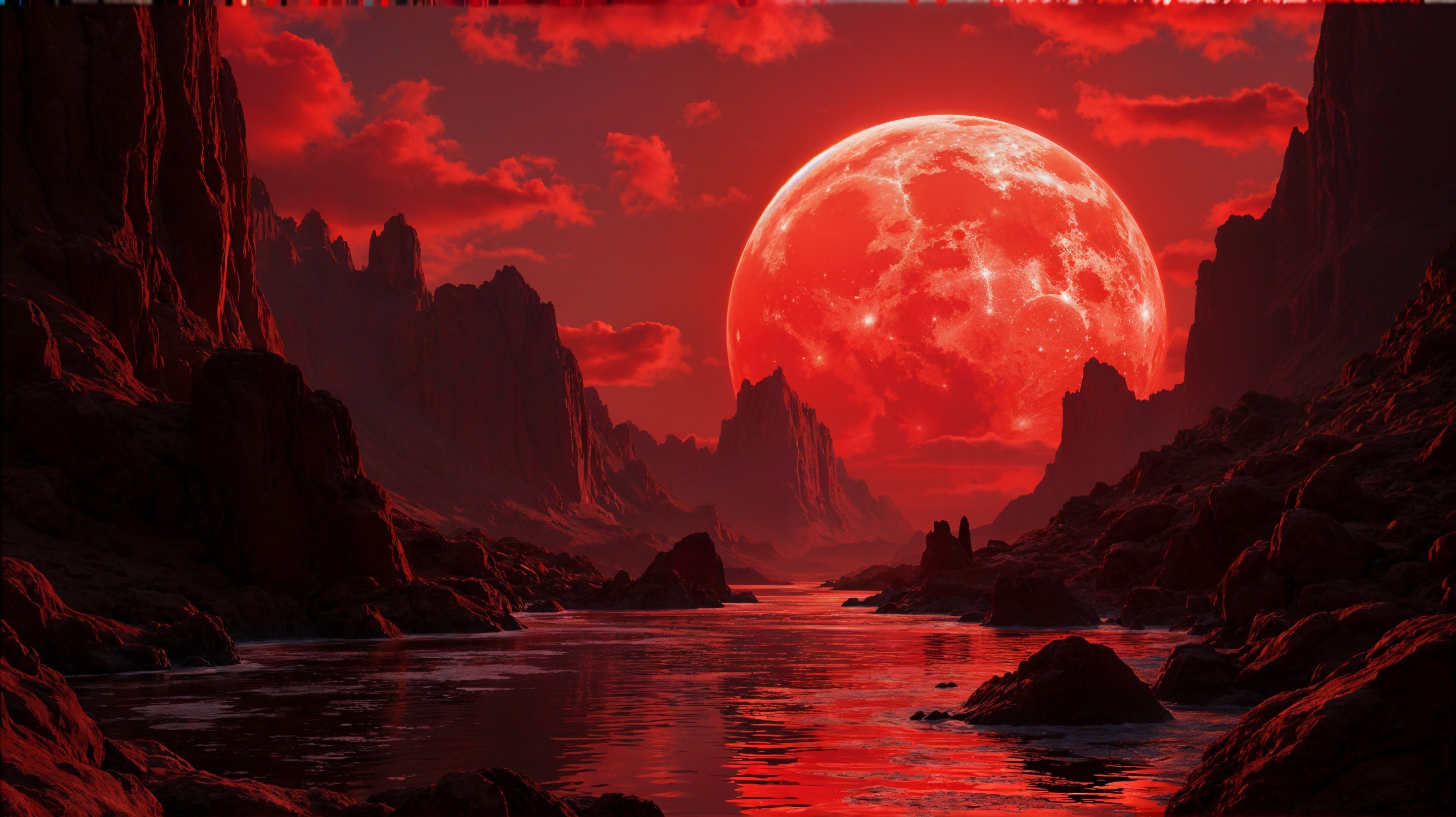 Otherworldly landscape with red hues and luminous moon