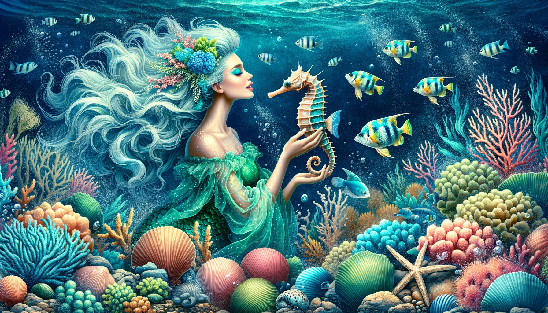 Underwater Scene with Mermaid and Coral Reef