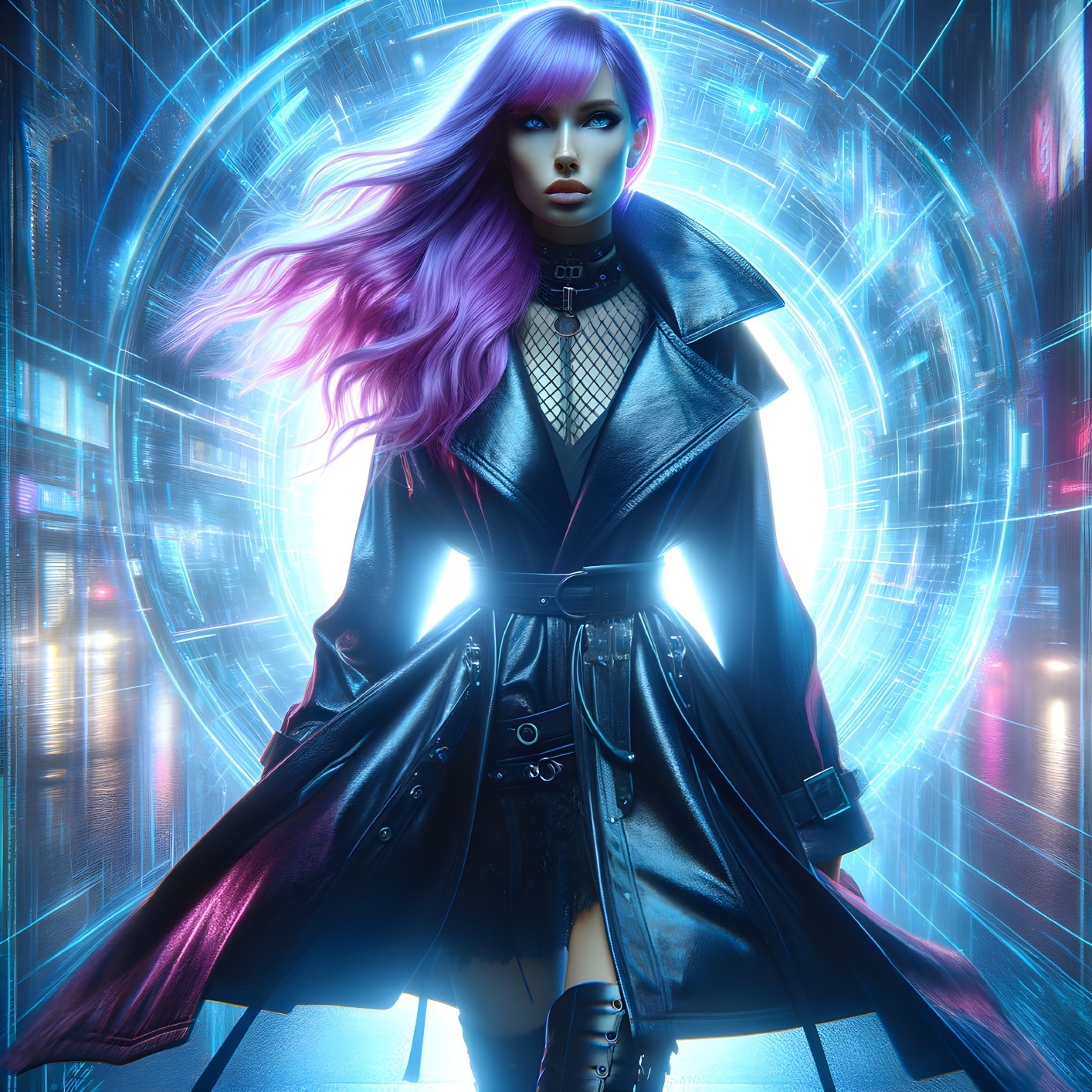 Futuristic woman with purple hair in leather coat near glowing cybernetic rings