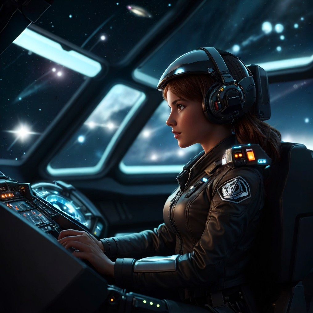 Female astronaut piloting spacecraft with headset, stars and galaxies in background