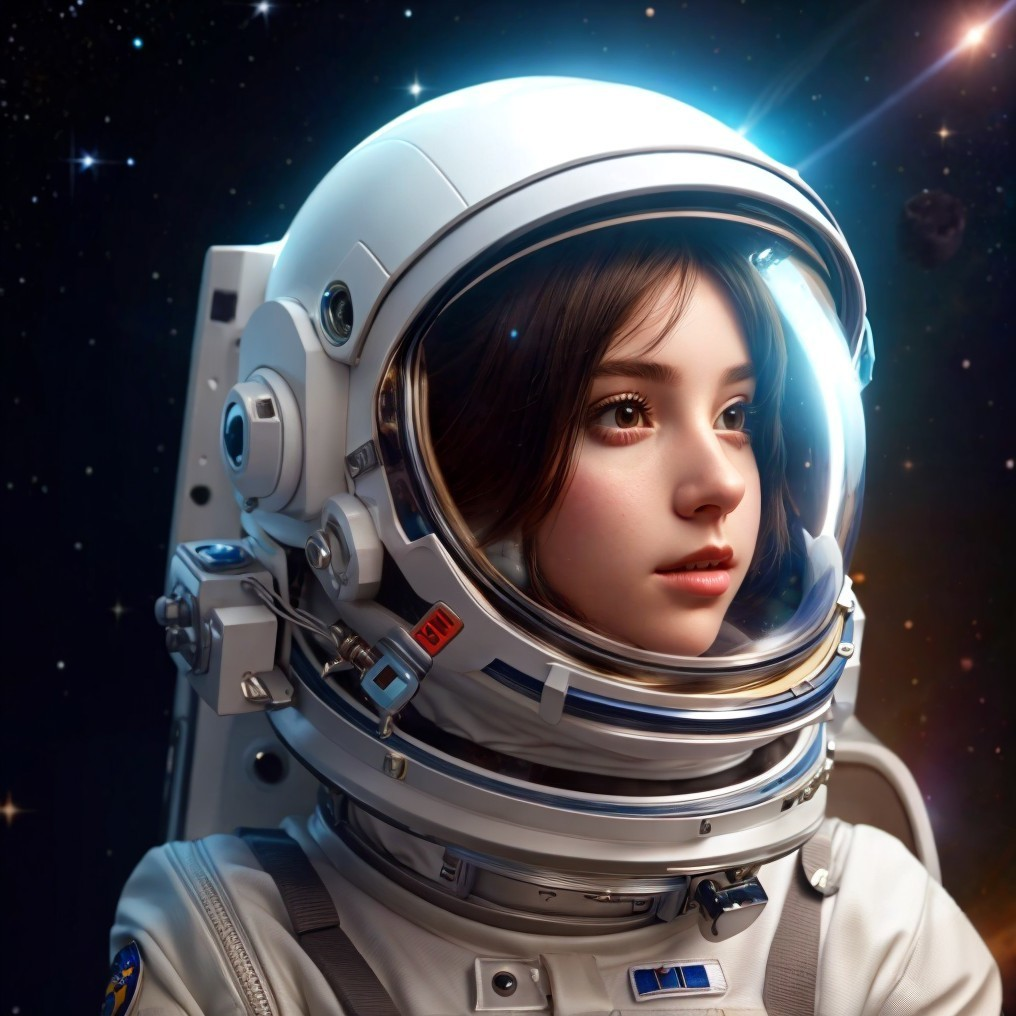 Young astronaut with reflective helmet in space scenery