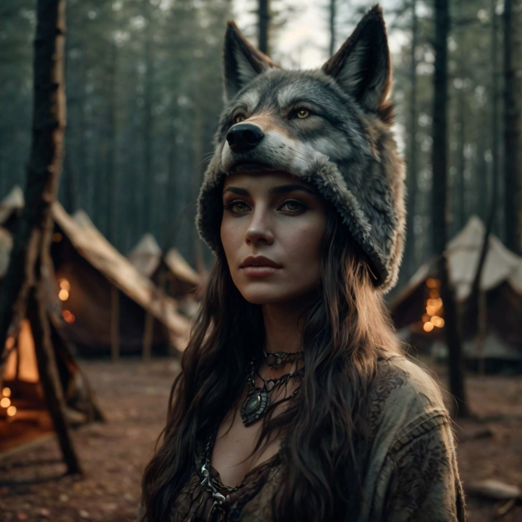 Woman in forest wearing wolf head hat with mystical tribal vibe