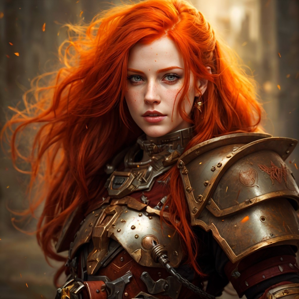 Striking red-haired woman in detailed armor against fiery backdrop