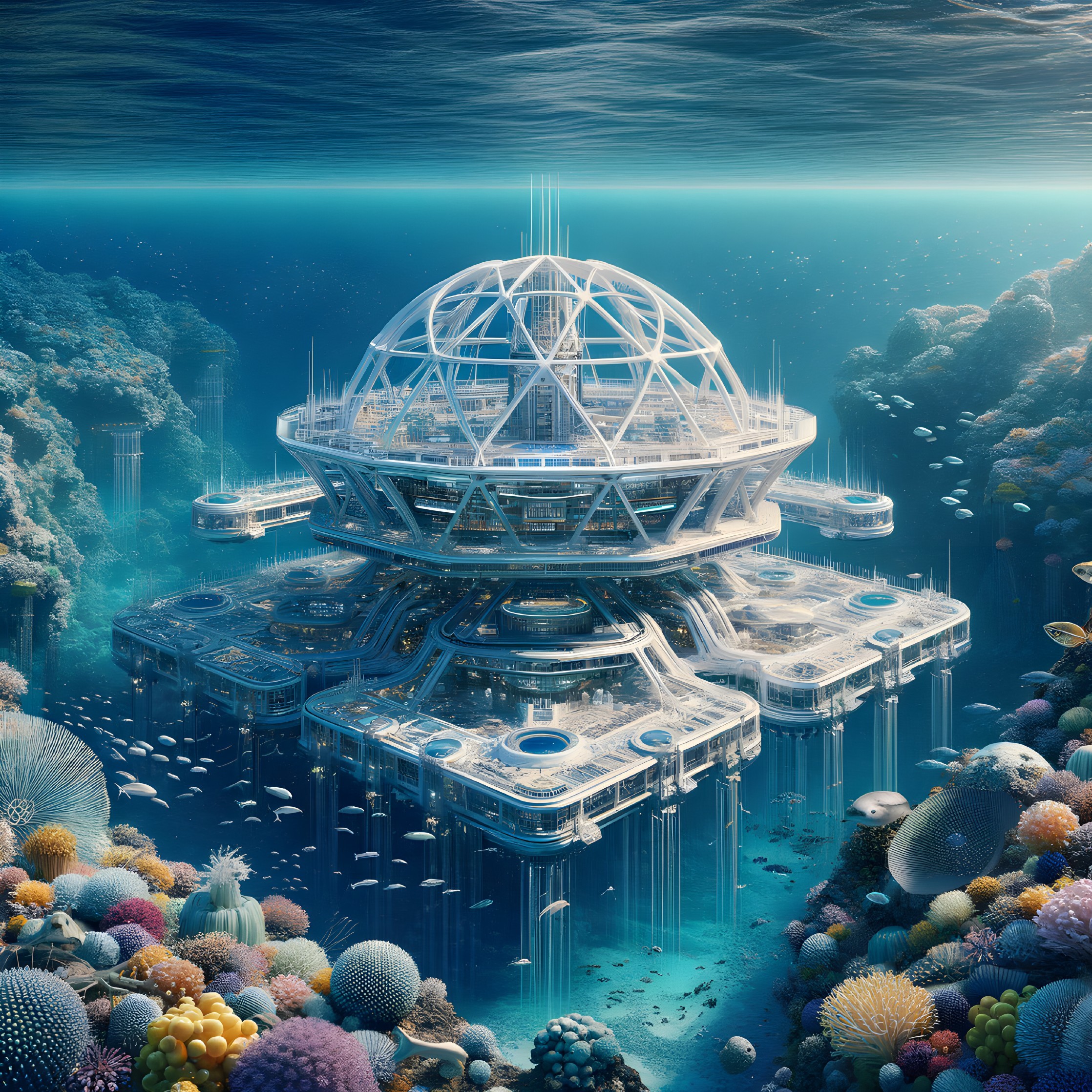 Vibrant coral reefs surround futuristic underwater dome city